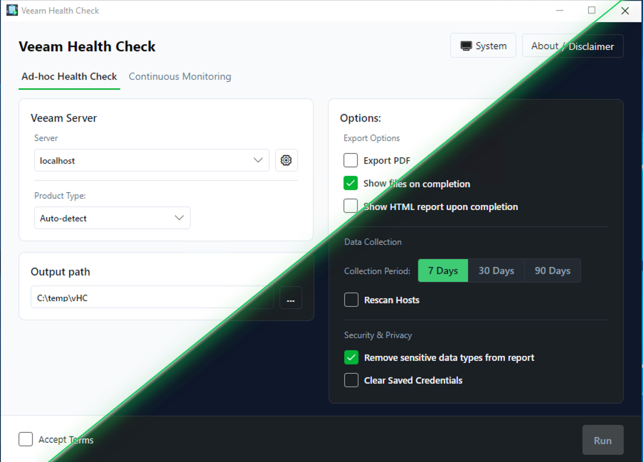 The Veeam Health Check GUI in light and dark themes, showing the Ad-hoc Health Check tab